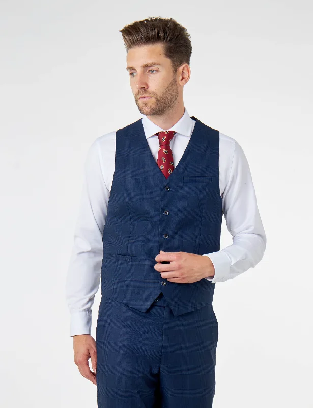 EKON - Navy Prince of Wales Check Tailored Fit Waistcoat