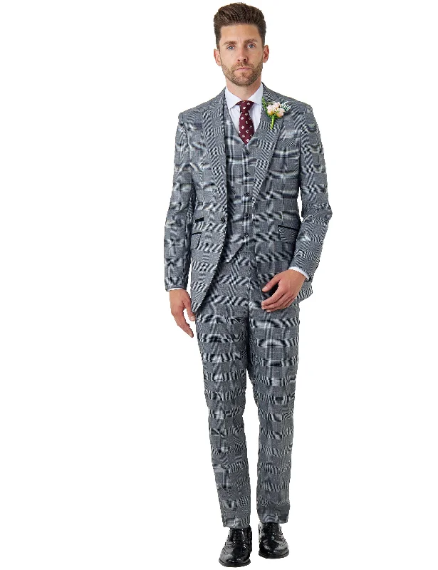 EKON - Grey Prince of Wales Check Suit 3 Piece Tailored Fit