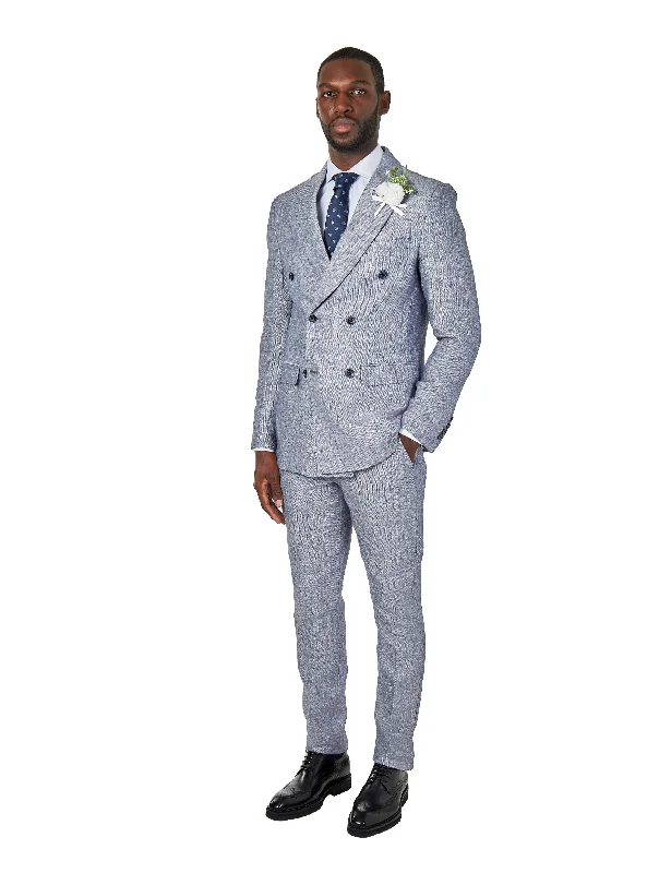 RAY – Grey Blue Tailored Fit Double Breasted Suit Herringbone Linen