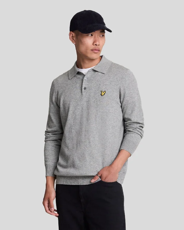 Men's Shirts with Appliqué DetailsCotton Merino Long Sleeve Knitted Polo Shirt