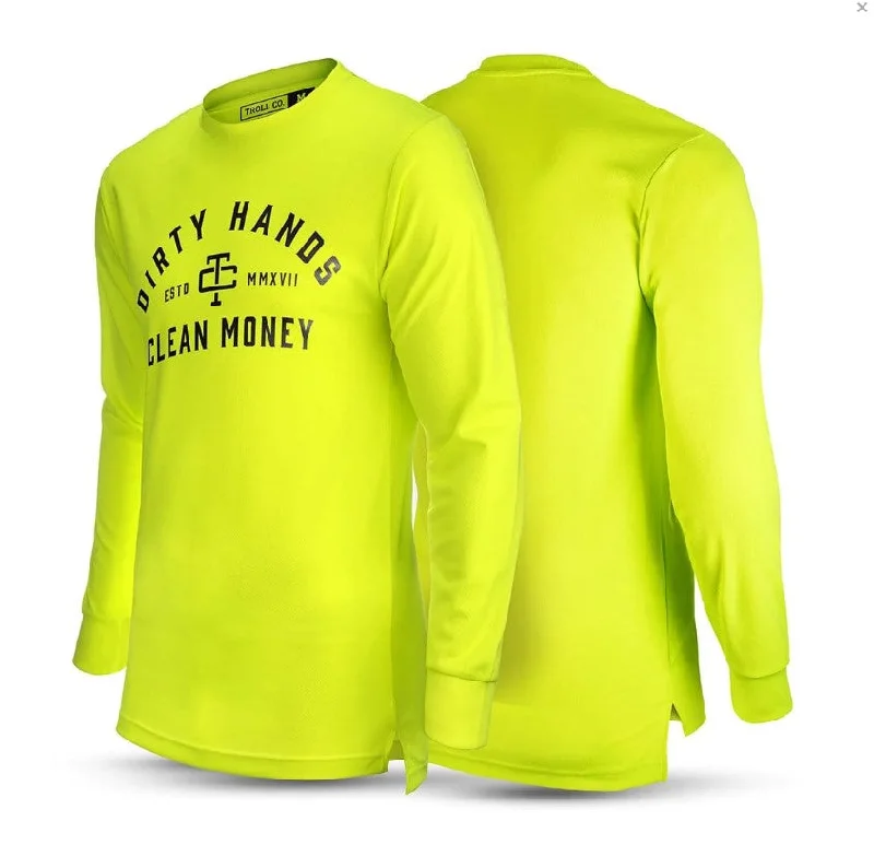 Men's Shirts with Embellished CollarsTroll Co. Men's "Dirty Hands Clean Money" O.G. Long Sleeve Wicking T-Shirt_Bright Lime