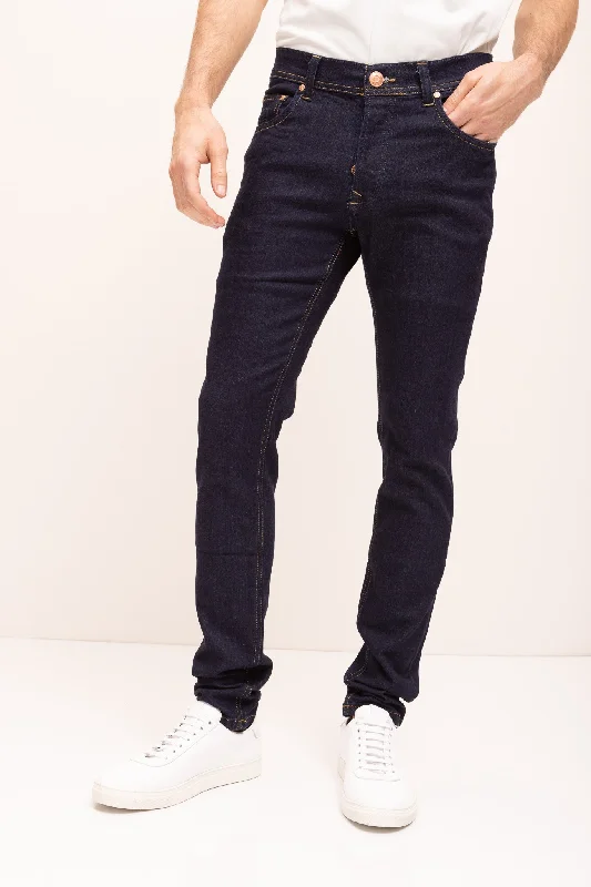 Leather Patch Embellished Men's JeansSleek Tapered Jeans - Dark Blue