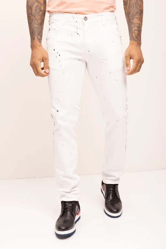 New Arrival Men's JeansBlack Paint Splattered Side Striped Jeans - White