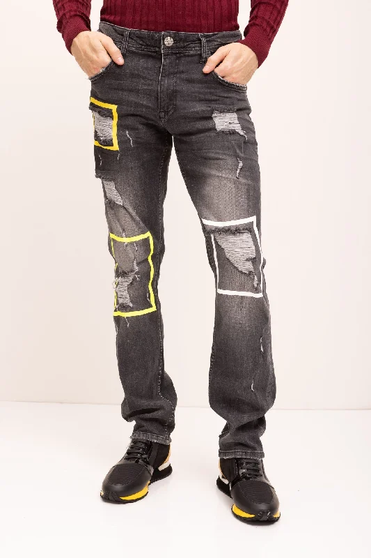 Oversized Relaxed-Fit Men's JeansDistressed Paint Box Denim - Black Grey