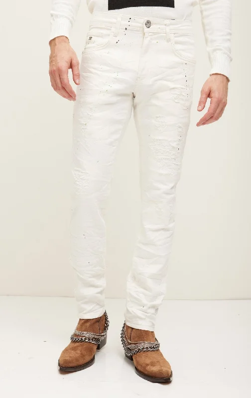 Trendy Men's JeansPainted Soft Cotton Distressed Denim Jeans - White