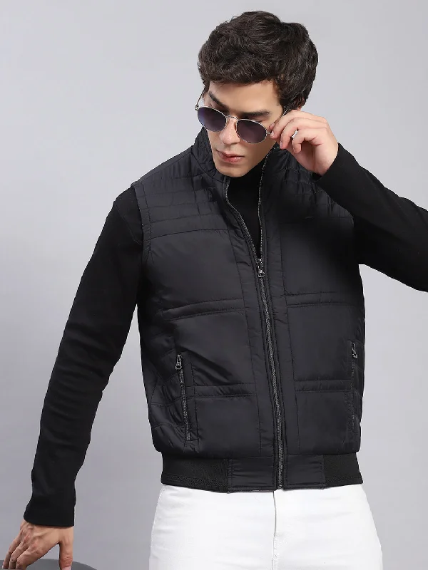 Men's Coats for BikingMen Black Check Stand Collar Sleeveless Jackets