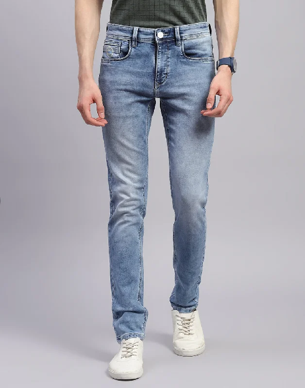 Men's Jeans with a Distressed LookMen Blue Light Wash Skinny Fit Denim