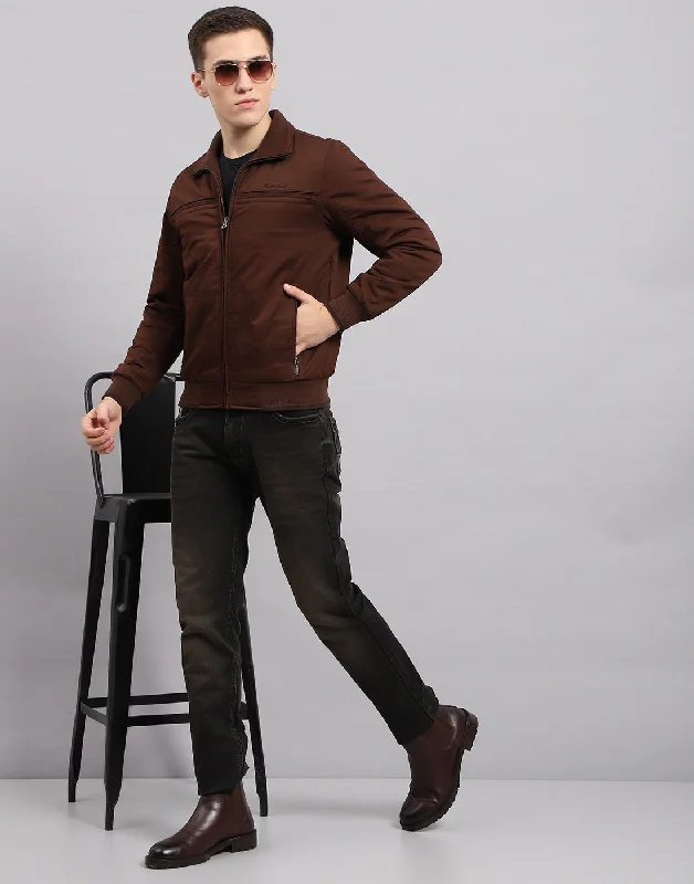 Men's Coats with Flannel LiningMen Brown Solid Mock Neck Sleeveless Jacket