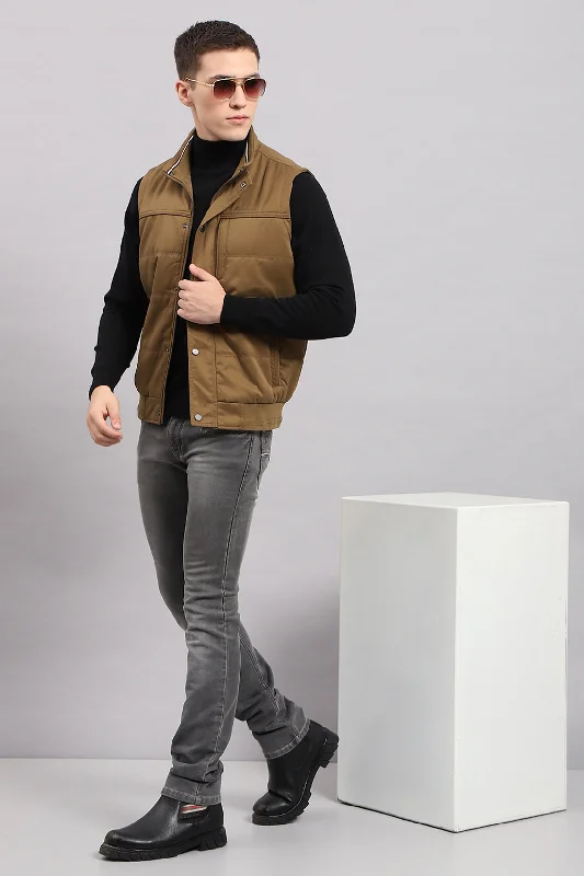 Men's Coats with Embroidered DetailsMen Khaki Solid Mock Neck Sleeveless Jacket