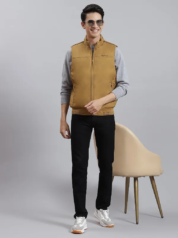 Men's Coats for Everyday WearMen Mustard Solid Stand Collar Sleeveless Jackets