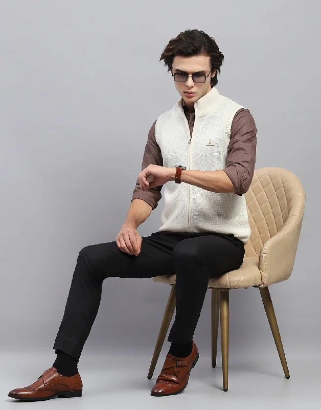 Men's Coats for Big and TallMen Off White Solid Mock Neck Sleeveless Jacket