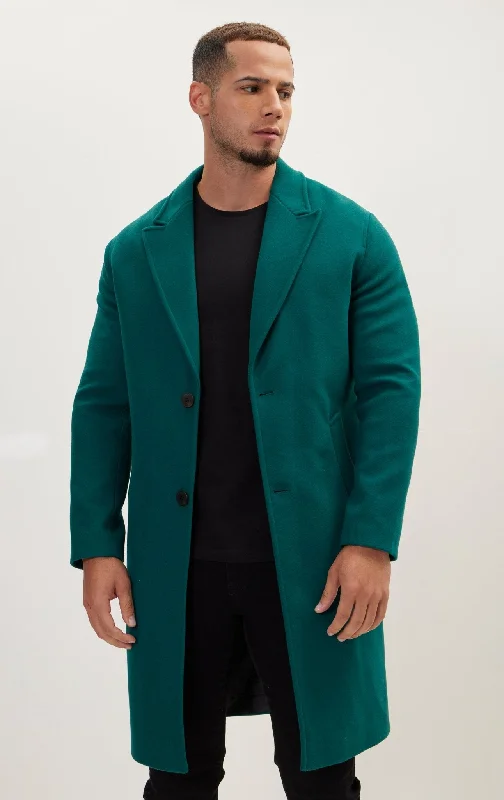 Men's Coats with Water-Repellent FabricLong Fitted Pea Coat With Notch Lapel - Dark Green